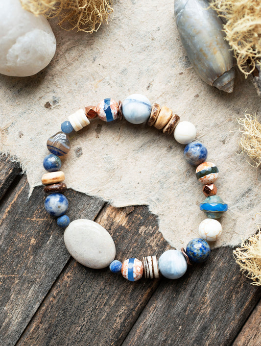 Grey Blue Fossil Coral Agate Gemstone Stretch Bracelet
