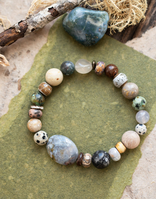 Ocean Jasper Rustic Fossil Beaded Gemstone Bracelet