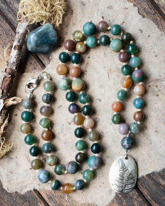 Fern Pendant Green Fancy Jasper Knotted Cord Necklace