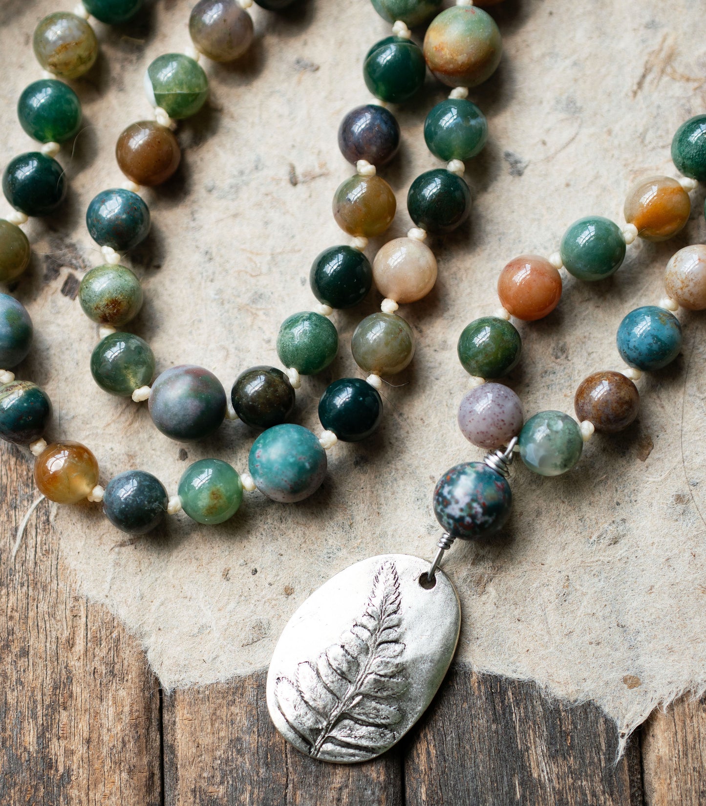 Fern Pendant Green Fancy Jasper Knotted Cord Necklace