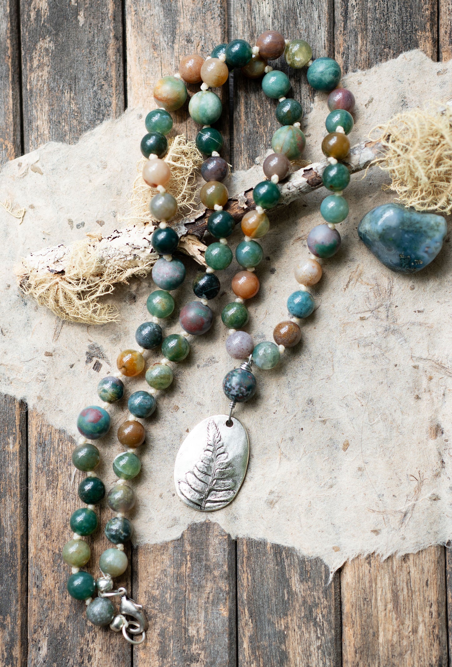 Fern Pendant Green Fancy Jasper Knotted Cord Necklace