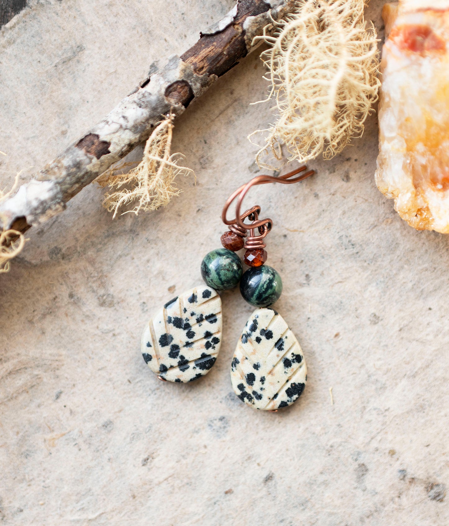 Dalmatian Jasper Kambaba Jasper Leaf Earrings