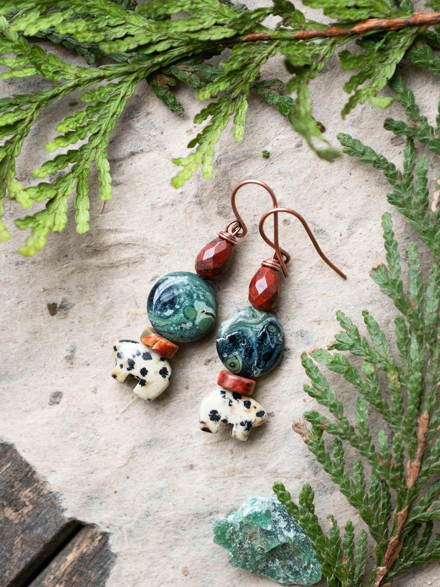 Winter Bear Gemstone Earrings Kambaba Jasper Red Poppy Jasper