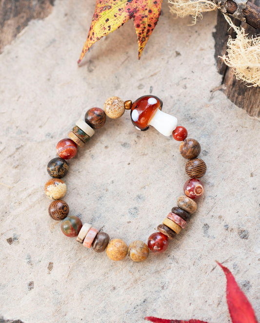 Autumn Mushroom Cottagecore Gemstone Stretch Bracelet