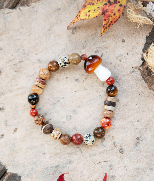 Autumn Mushroom Cottagecore Gemstone Stretch Bracelet