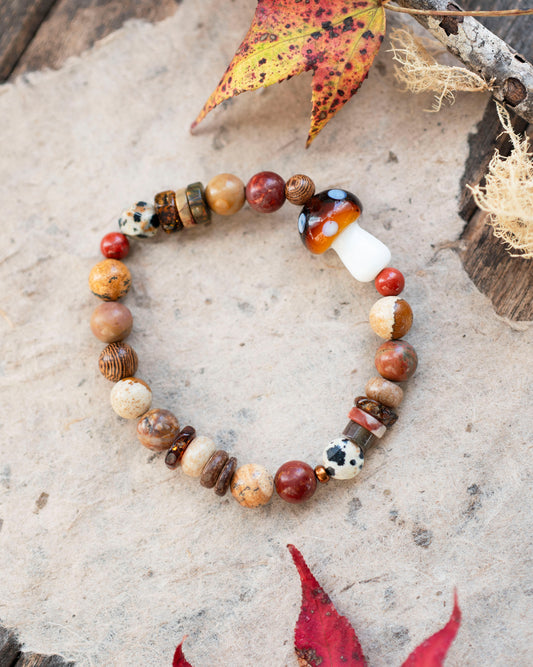 Autumn Mushroom Cottagecore Gemstone Stretch Bracelet