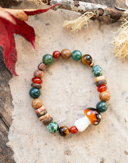 Holiday Forest Green Tree Agate Mushroom Gemstone Stretch Bracelet
