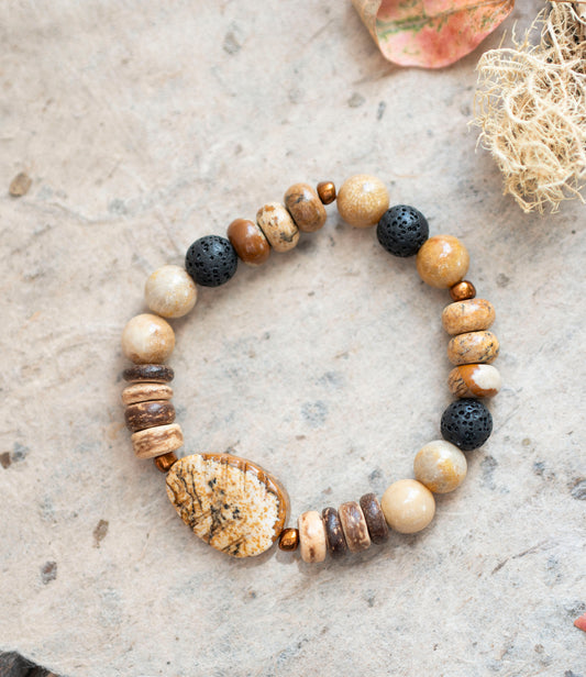 Autumn Leaf Picture Jasper Black Lava Stone Gemstone Stretch Bracelet