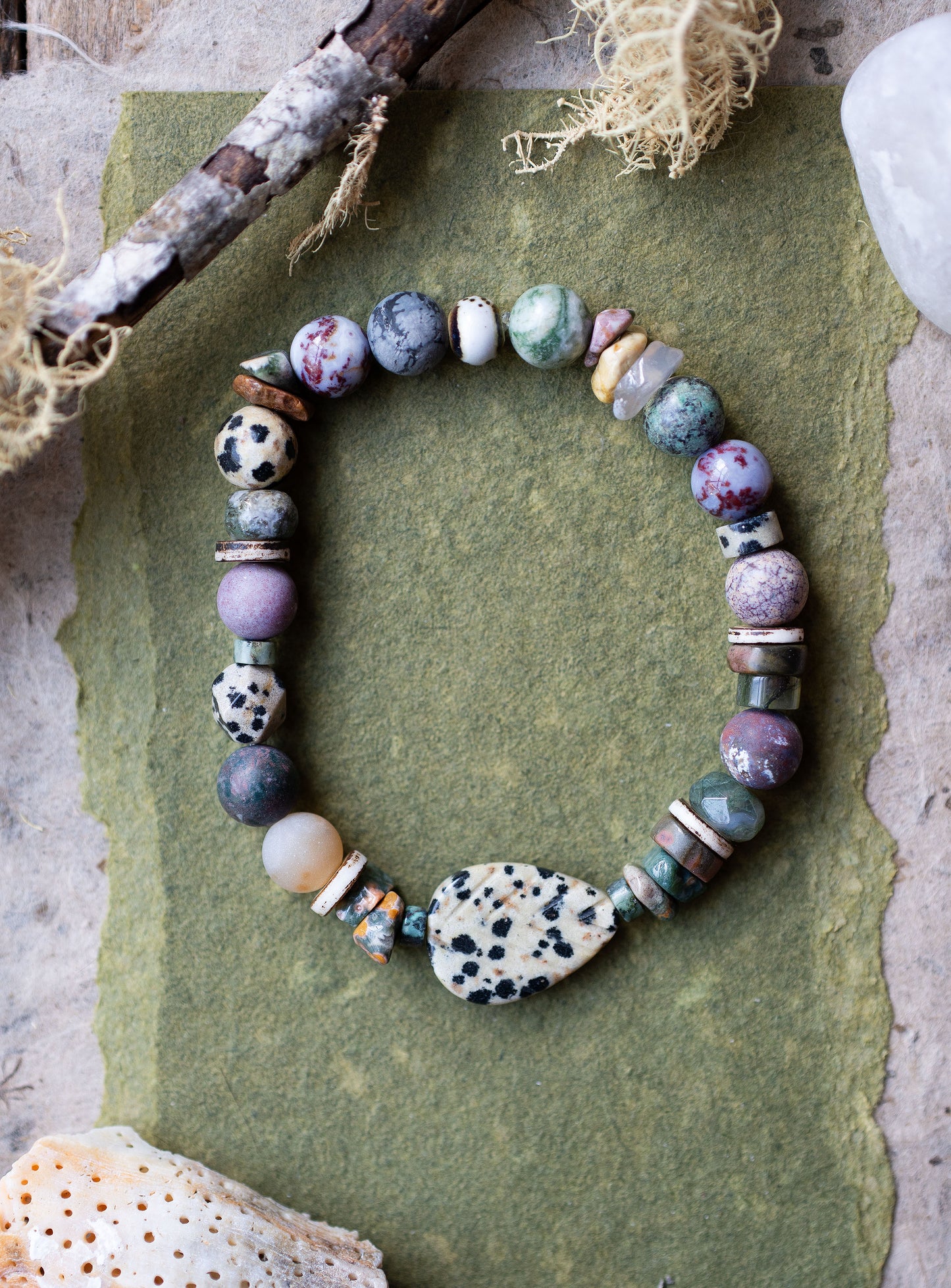 Dalmatian Jasper Leaf Ocean Jasper Gemstone Stretch Bracelet