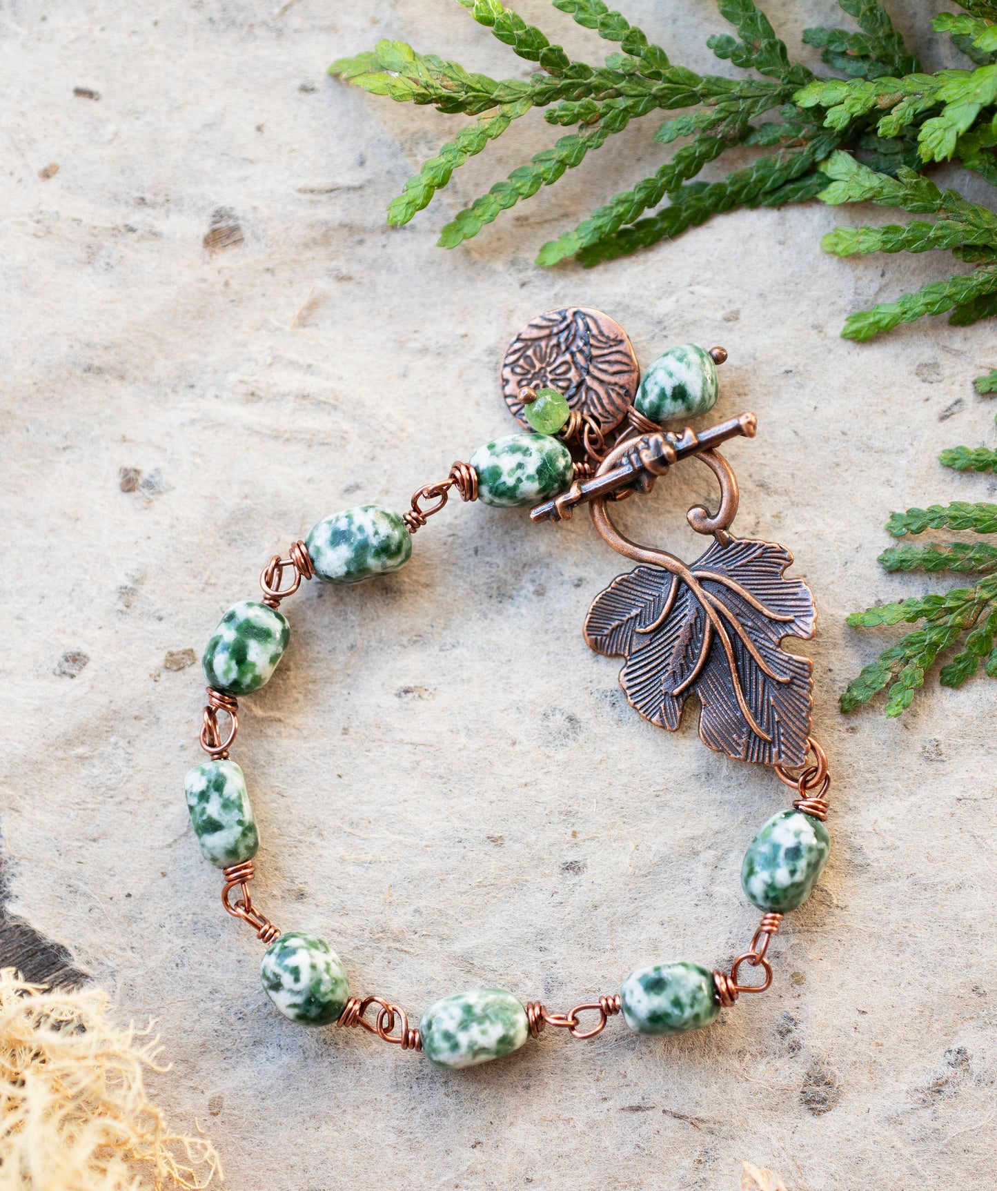 Wintergreen Tree Agate Copper Leaf Bracelet