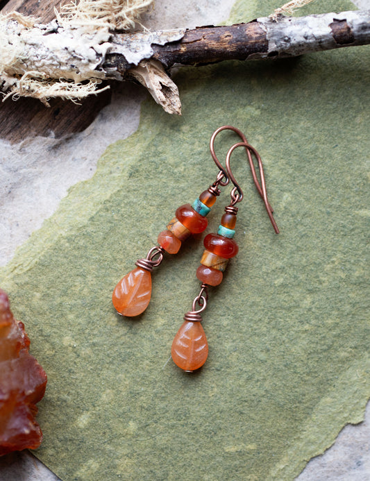 Carnelian Carved Leaves Gemstone Fall Earrings