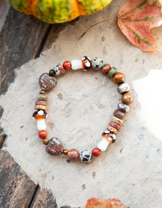 Mushroom Love Autumn Jasper Gemstone Stretch Bracelet