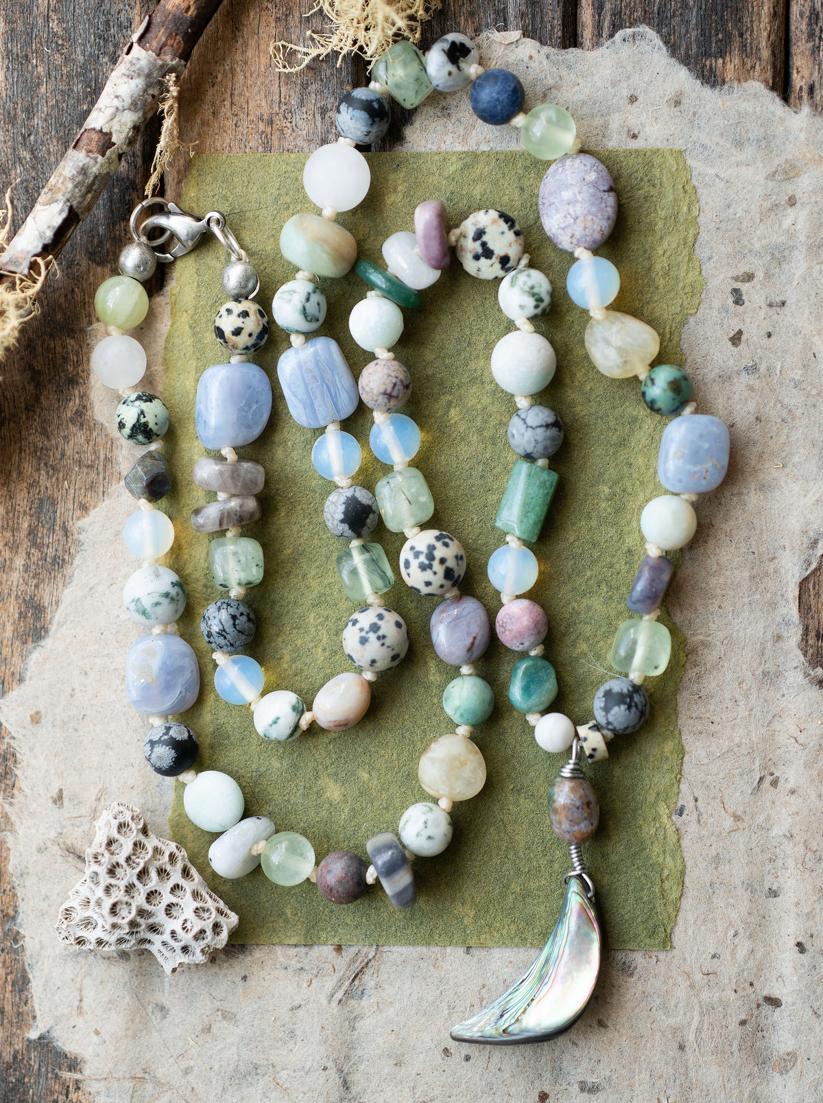 Abalone Crescent Moon Citrine Gemstone Necklace