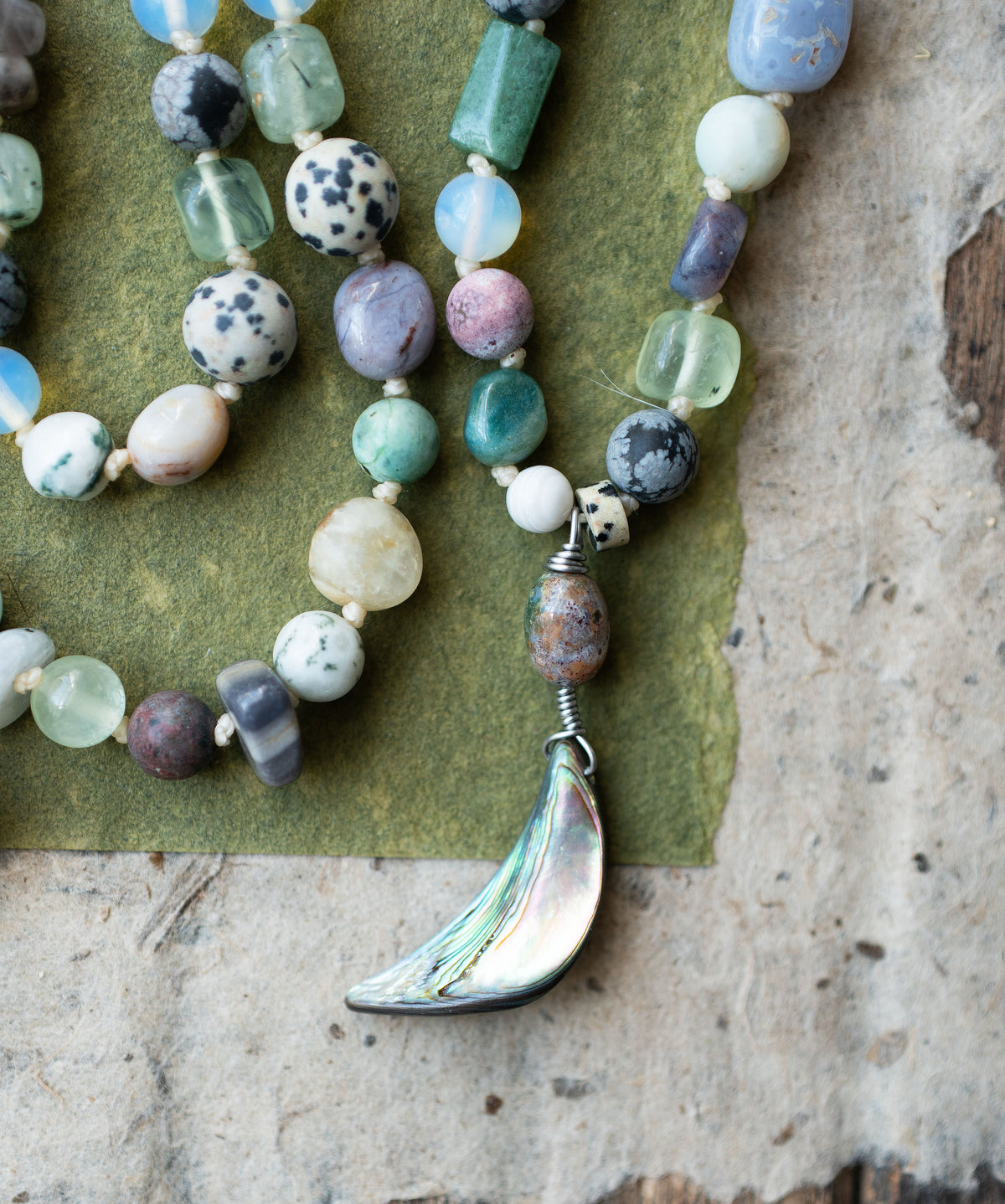 Abalone Crescent Moon Citrine Gemstone Necklace