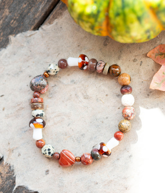 Love Mushrooms Jasper Hearts Autumn Gemstone Stretch Bracelet