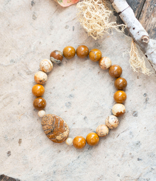 Autumn Leaf Yellow Mookaite Jasper Earthy Gemstone Stretch Bracelet
