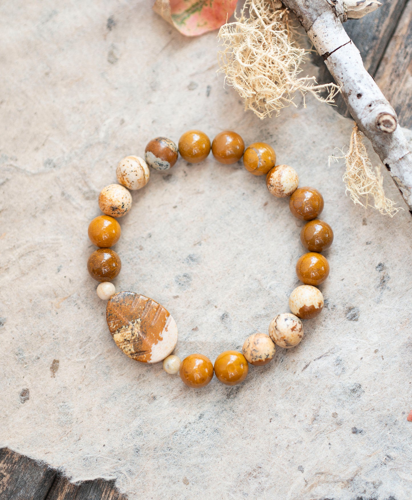 Autumn Leaf Yellow Mookaite Jasper Earthy Gemstone Stretch Bracelet