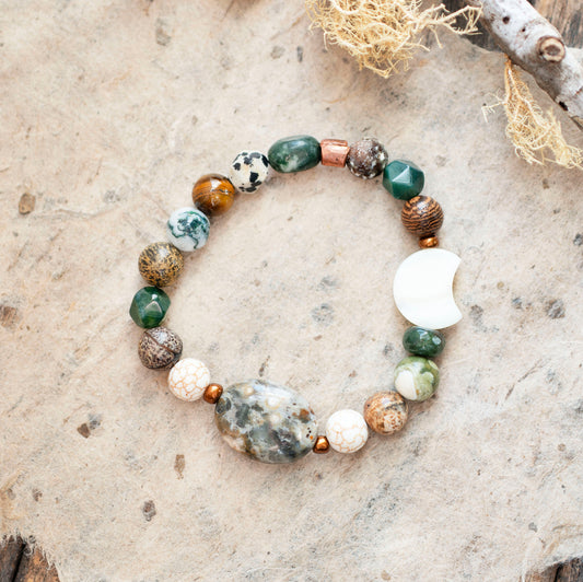 Green Ocean Jasper Moon Gemstone Stretch Bracelet