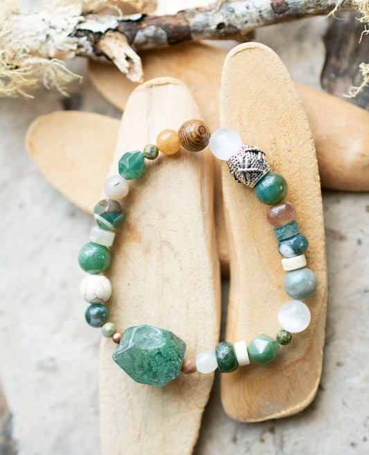 Green Moss Agate Dragonfly Selenite Gemstone Stretch Bracelet