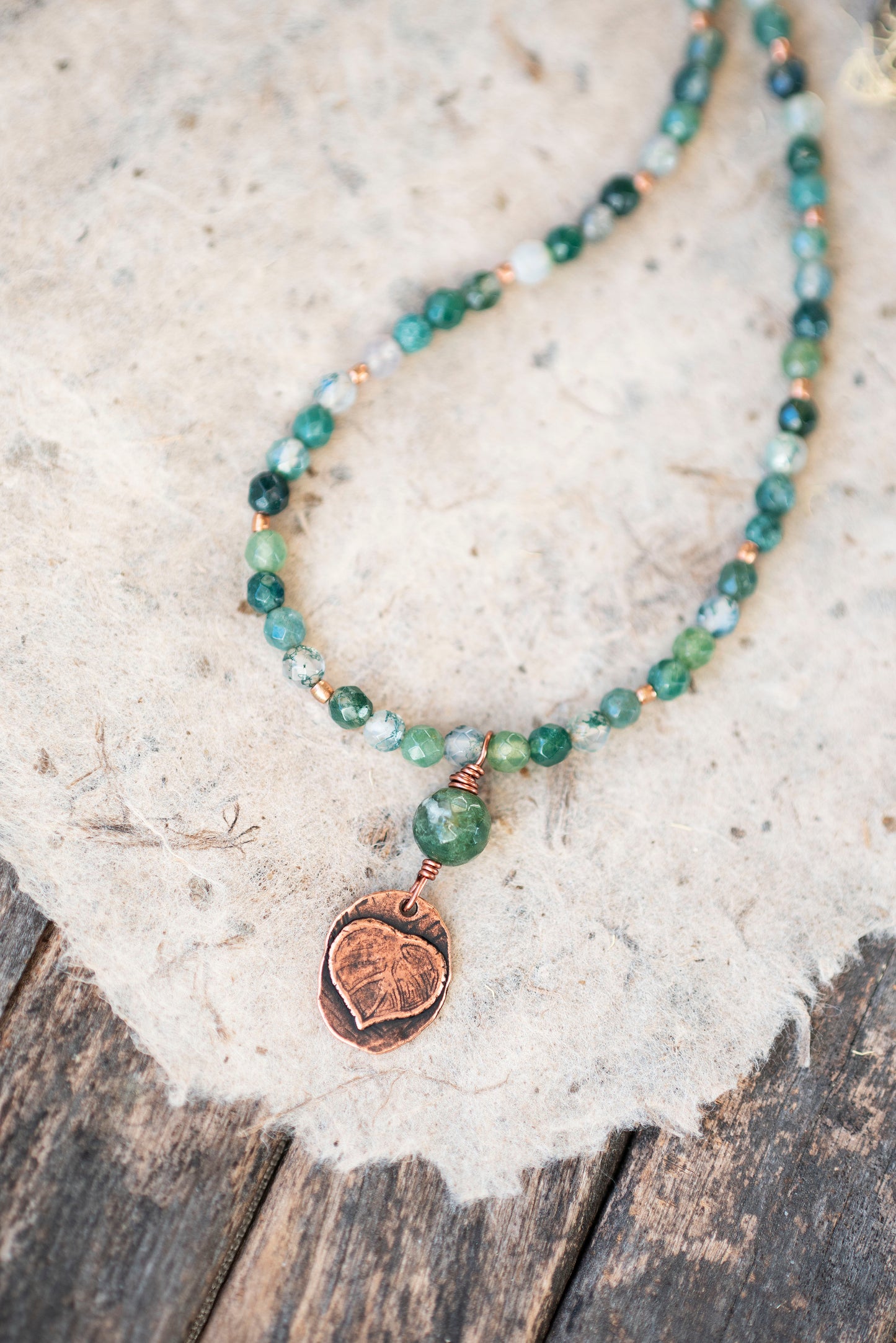 Moss Agate Copper Heart Leaf Necklace