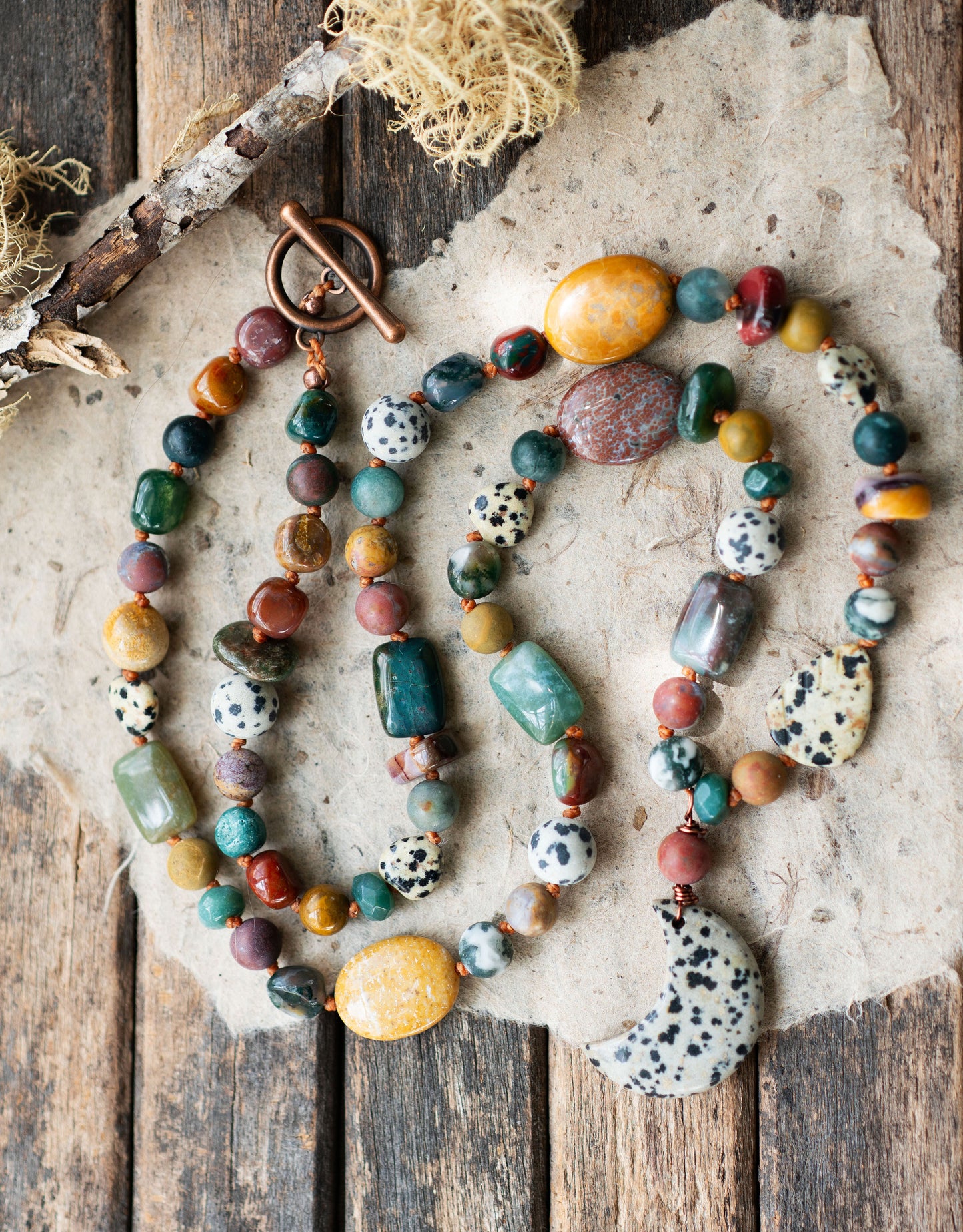 Boho Crescent Moon Ocean Jasper Knotted Cord Necklace