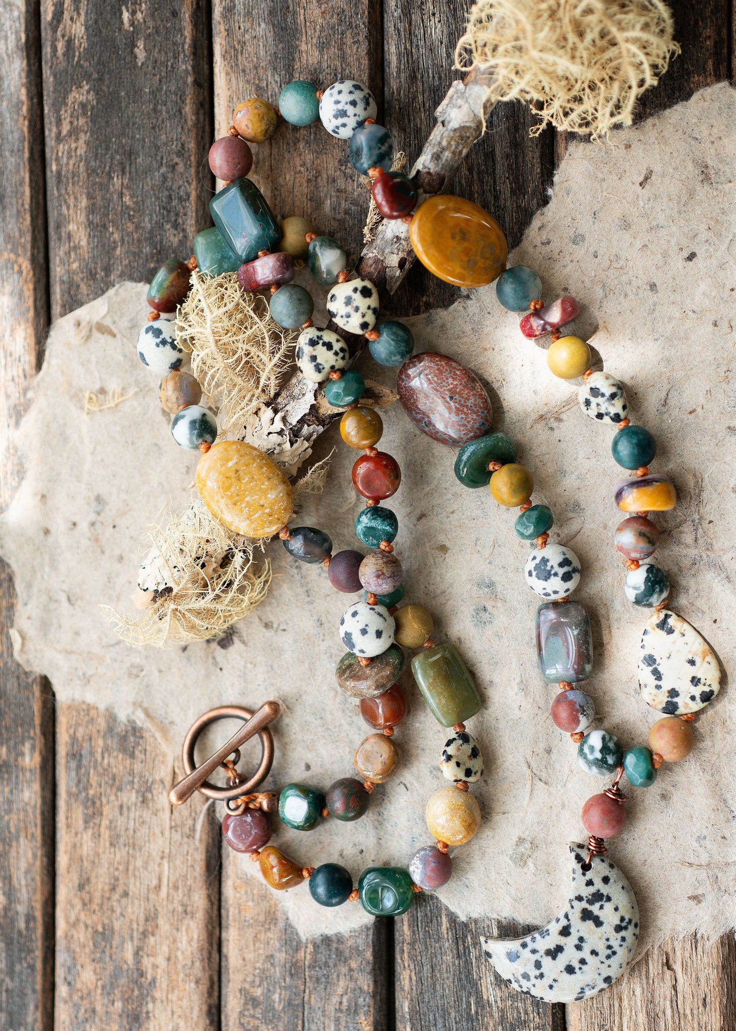 Boho Crescent Moon Ocean Jasper Knotted Cord Necklace