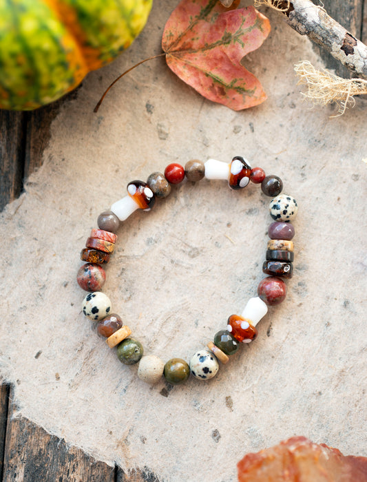Fall Mushroom Gemstone Beaded Stretch Bracelet