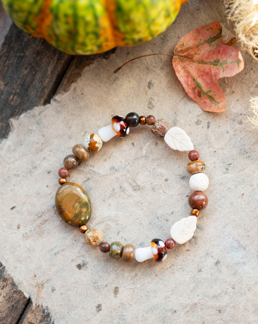Autumn Ocean Jasper Mushroom Harvest Gemstone Stretch Bracelet