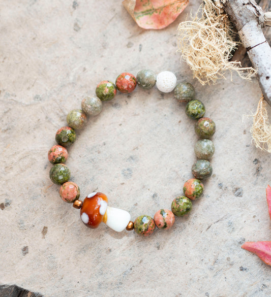 Autumn Mushroom Forest Unakite Gemstone Stretch Bracelet