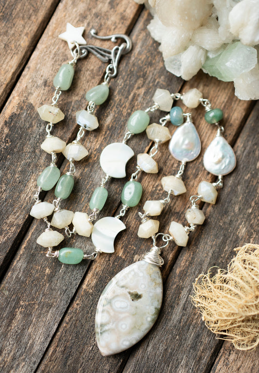 Ocean Jasper Pendant Necklace Freshwater Pearls Aventurine