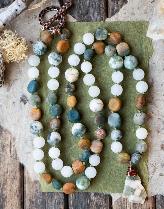 Earthy Green Ocean Jasper Rustic Gemstone Pendant Necklace