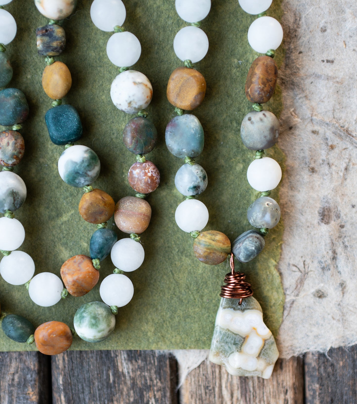 Earthy Green Ocean Jasper Rustic Gemstone Pendant Necklace