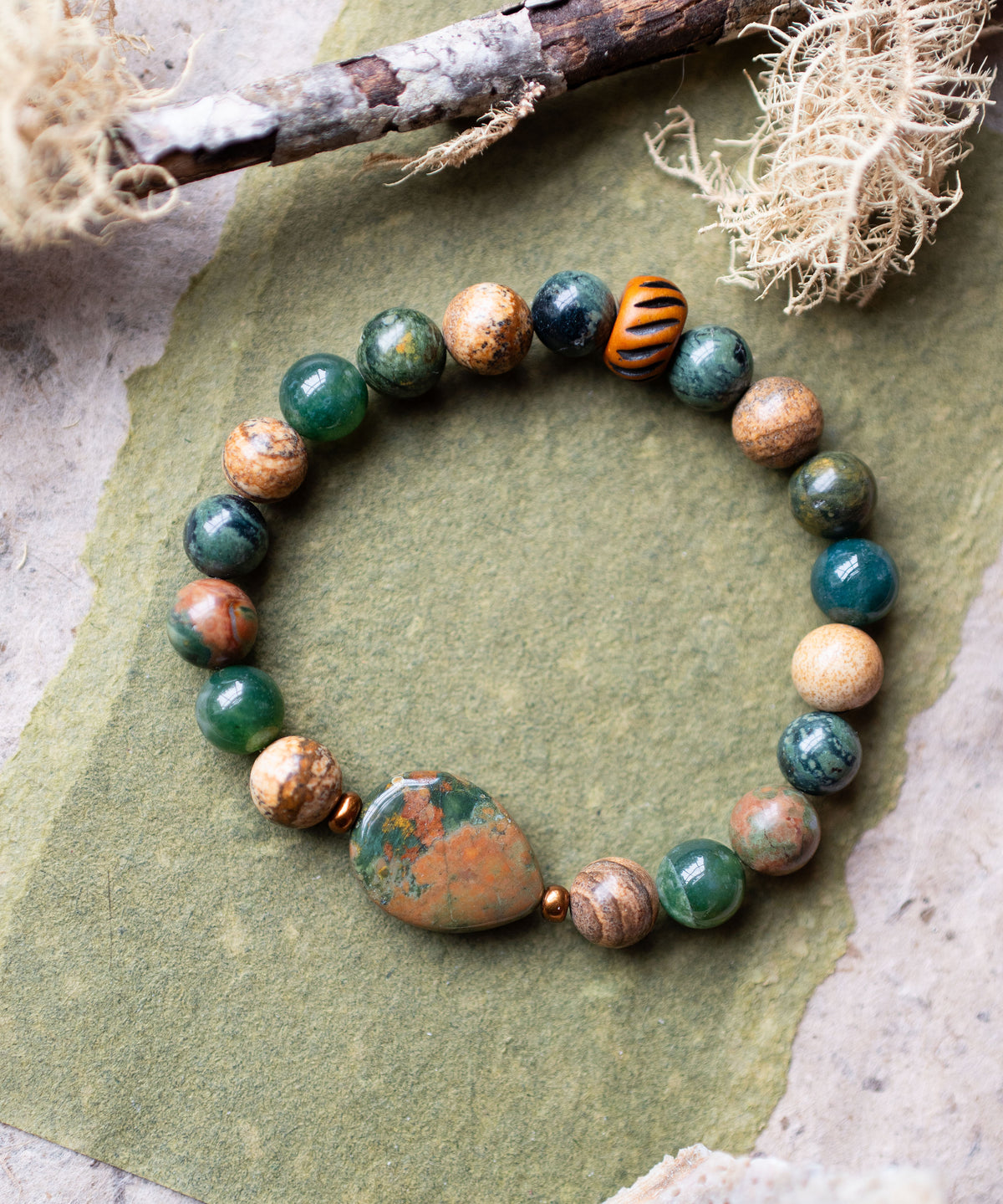 Green Orange Rhyolite Gemstone Stretch Bracelet