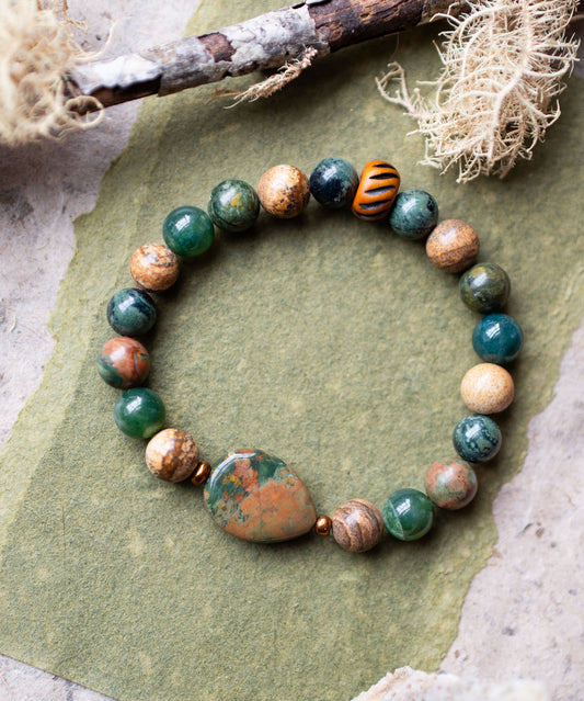 Green Orange Rhyolite Gemstone Stretch Bracelet