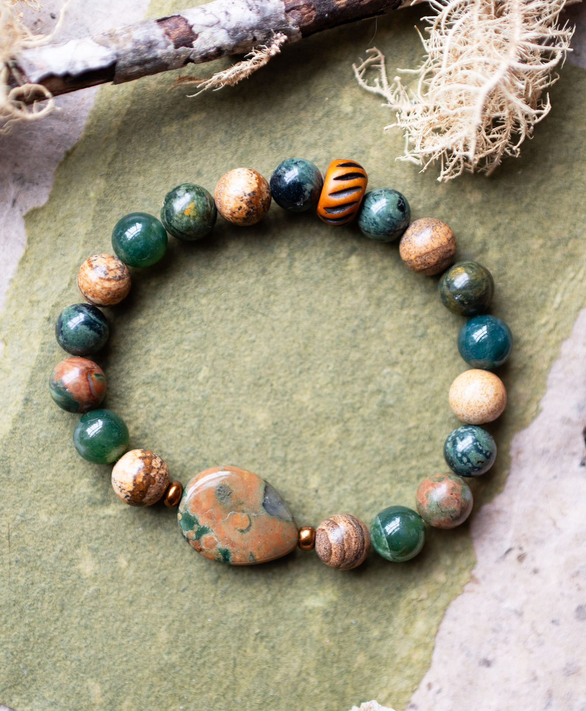 Green Orange Rhyolite Gemstone Stretch Bracelet