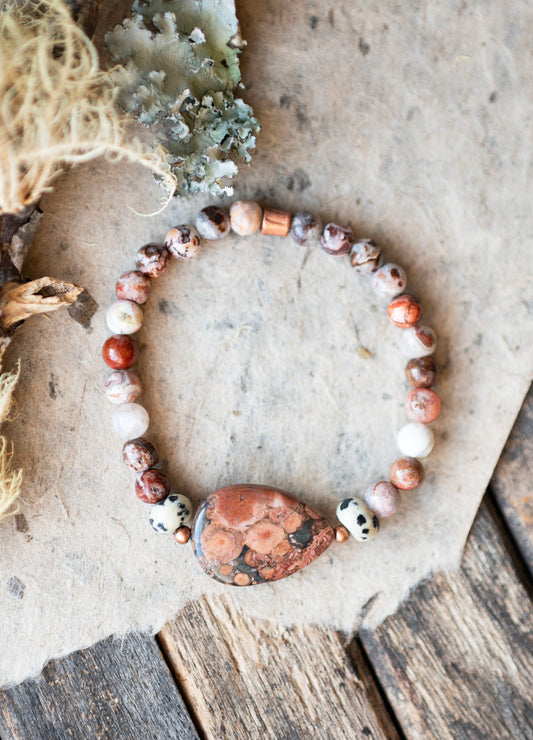 Red Orbicular Jasper Gemstone Stretch Bracelet