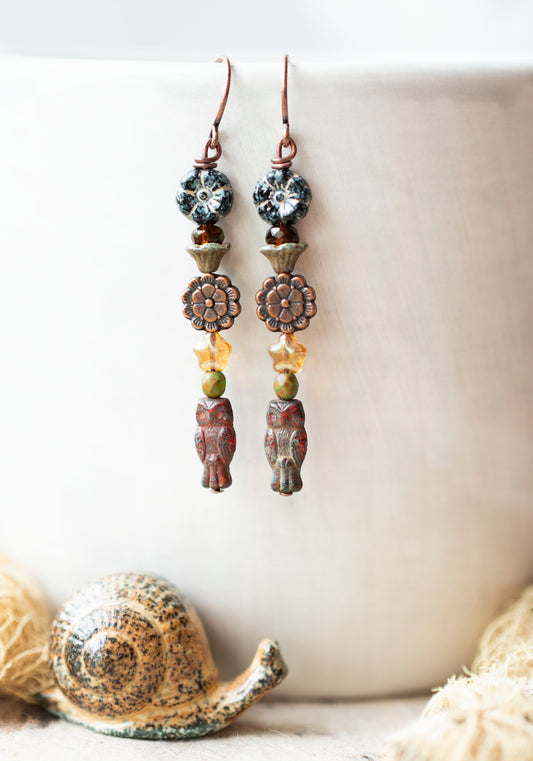 Owl Earrings Czech Glass Flowers Copper