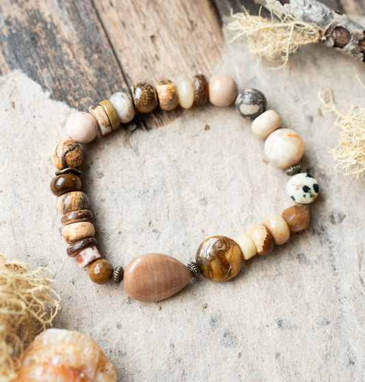 Petrified Wood Ocean Jasper Earthy Gemstone Stretch Bracelet