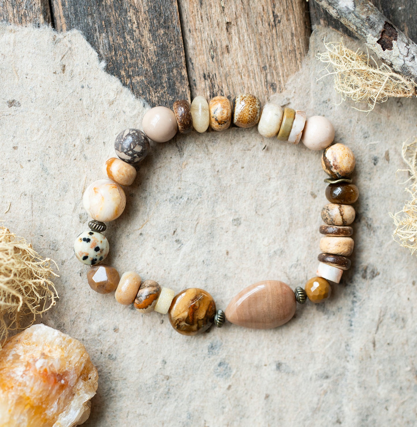 Petrified Wood Ocean Jasper Earthy Gemstone Stretch Bracelet