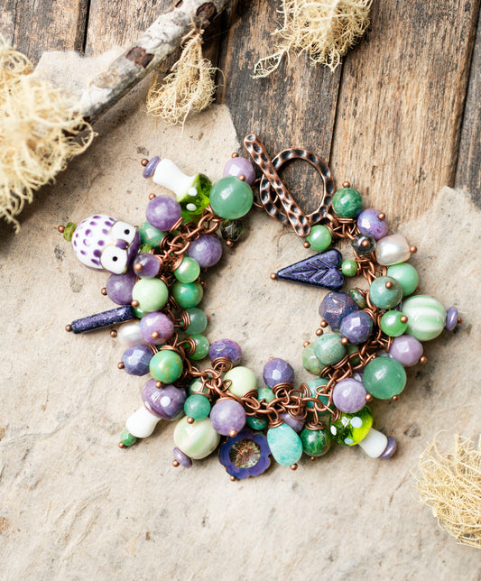 Purple Green Owl Cottagecore Charm Bracelet Copper