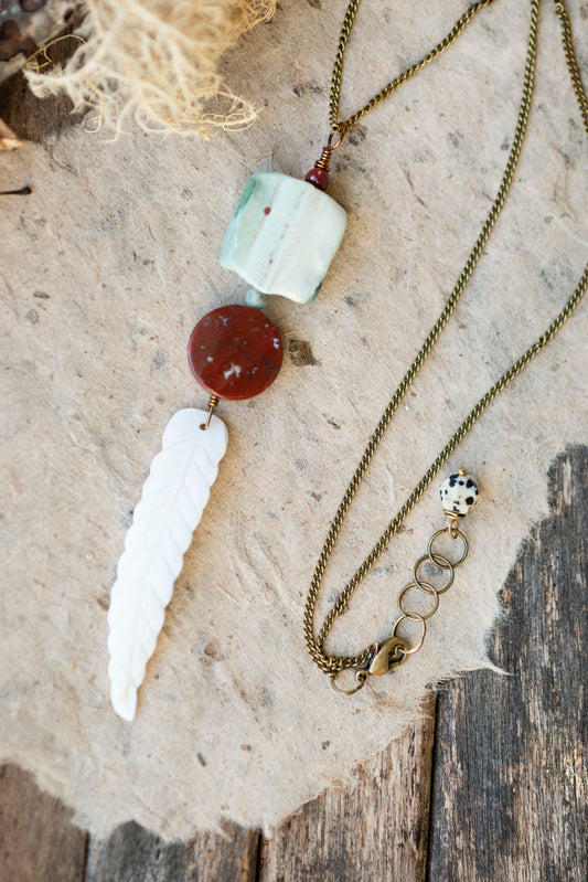 Carved Shell Feather Gemstone Necklace