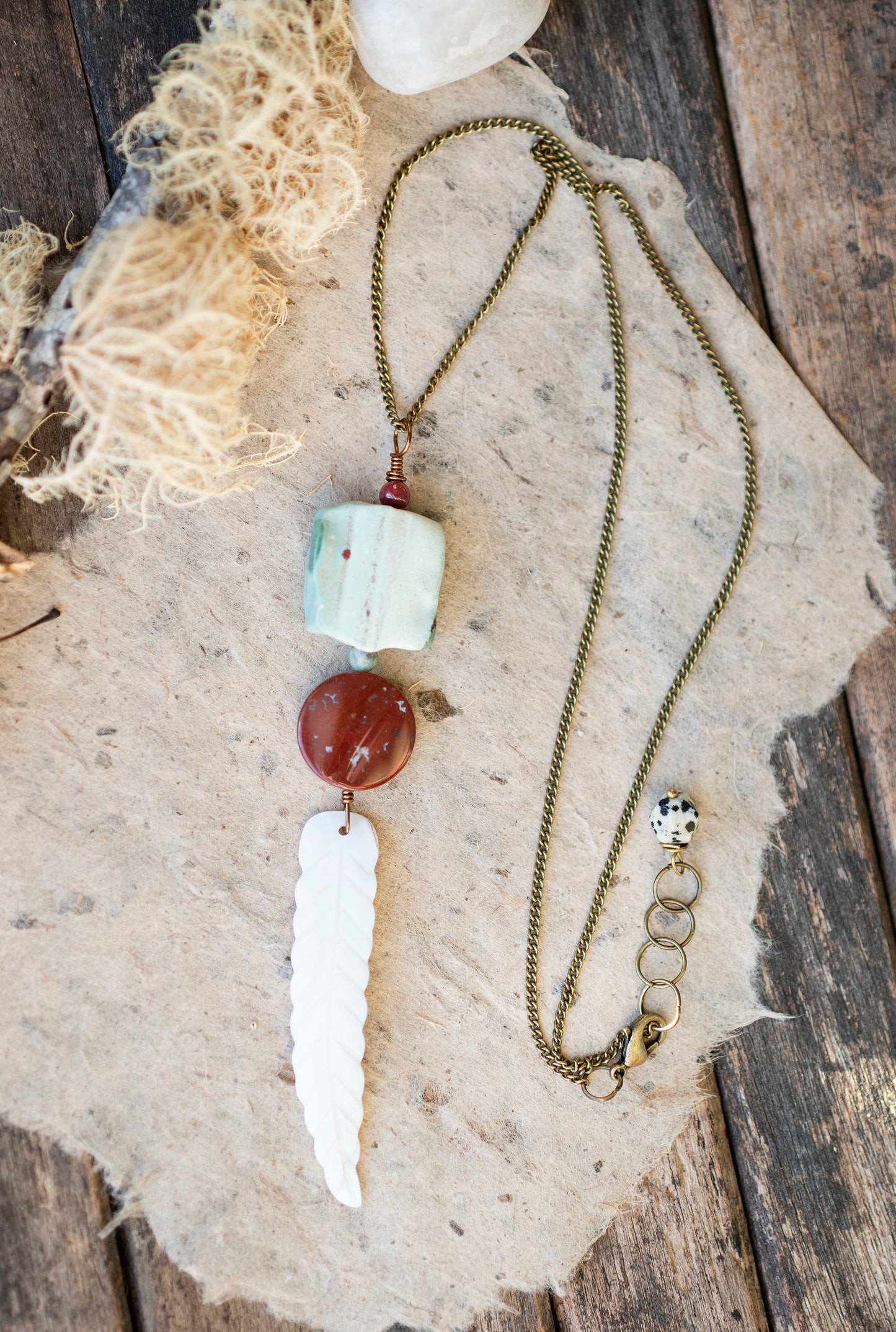 Carved Shell Feather Gemstone Necklace