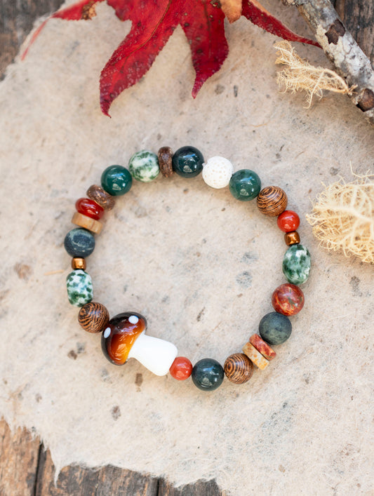 Holiday Forest Mushroom Moss Agate Gemstone Stretch Bracelets