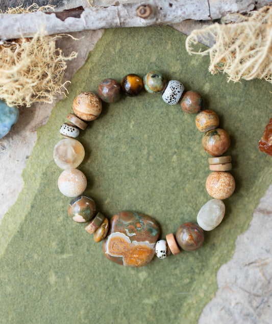 Rhyolite Golden Glow Citrine Tigers Eye Gemstone Stretch Bracelet