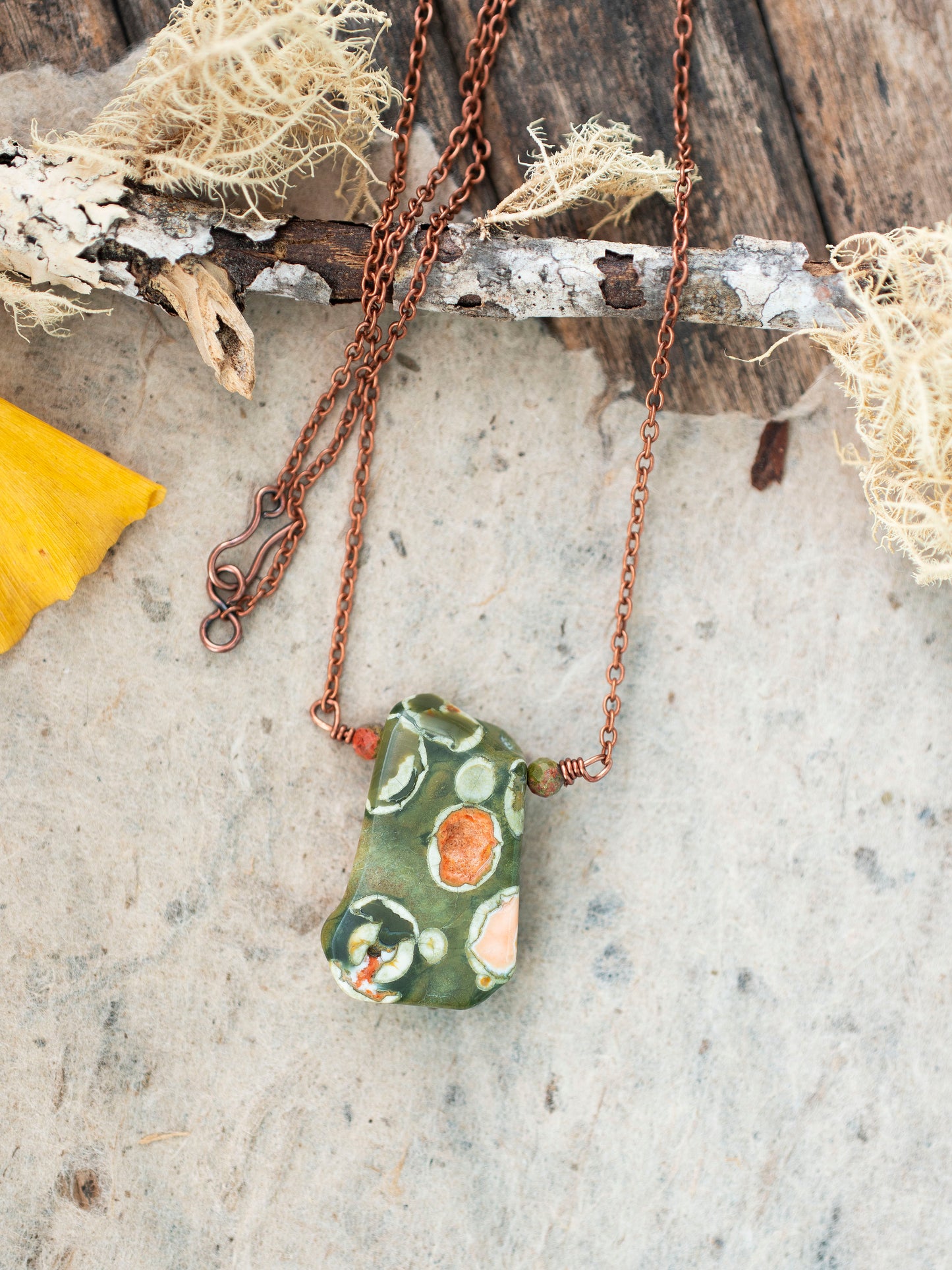 Rhyolite Unique Green Orange Gemstone Pendant Necklace