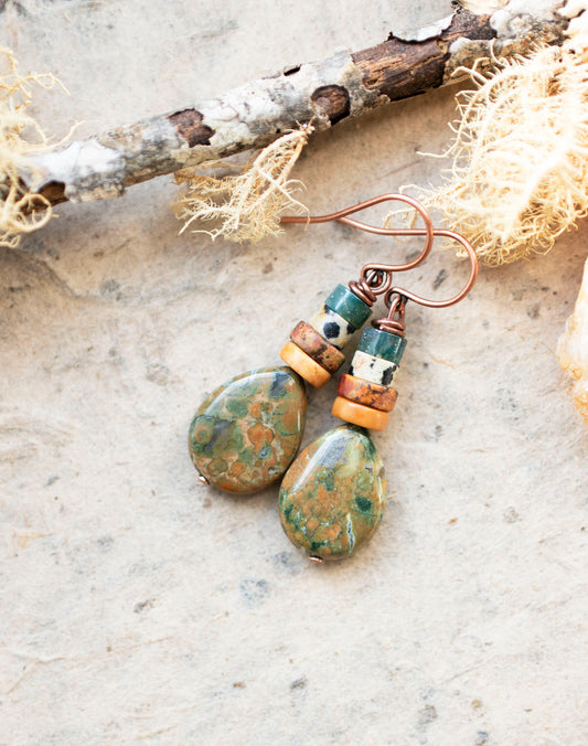 Green Rhyolite Gemstone Teardrop Earrings