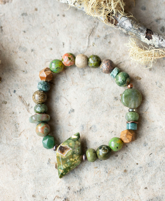 Mossy Green Unique Rhyolite Gemstone Stretch Bracelet