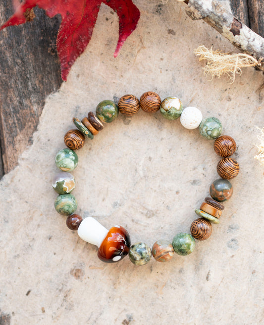 Green Mushroom Rhyolite Gemstone Stretch Bracelet