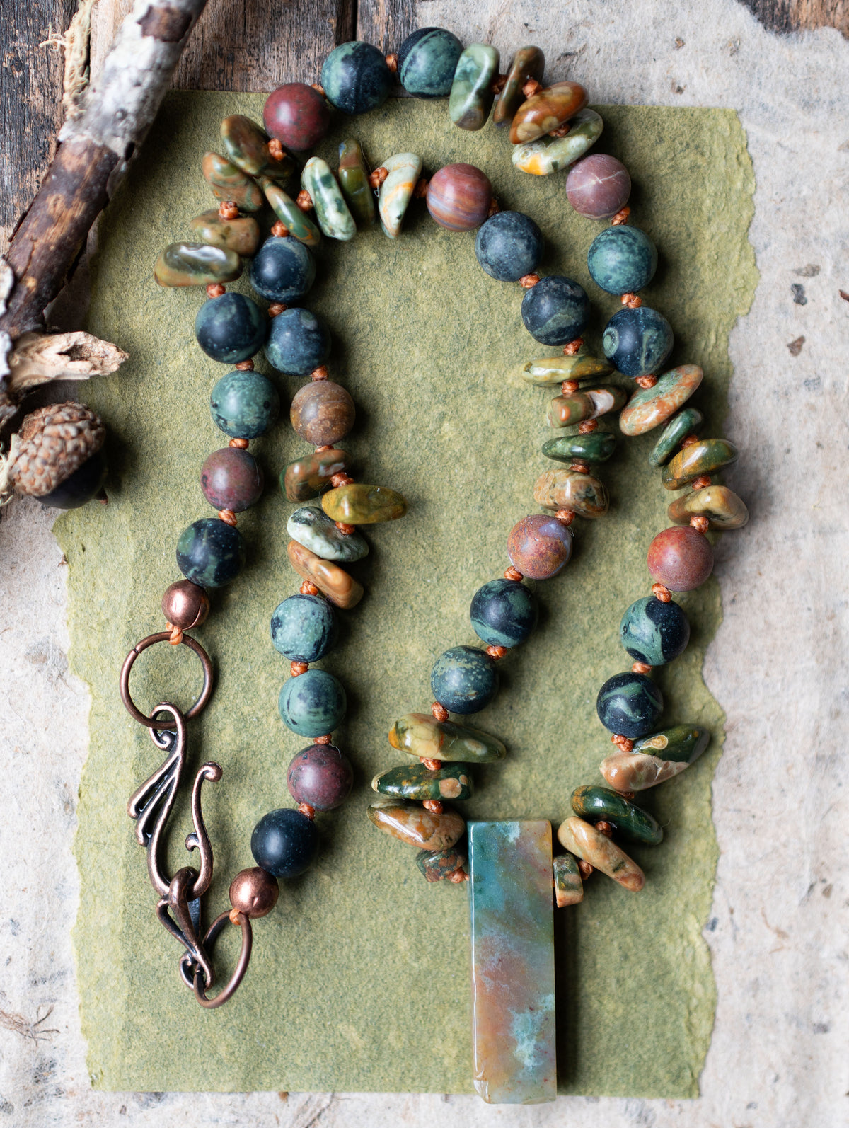 Rainforest Rhyolite Gemstone Green Rustic Autumn Necklace