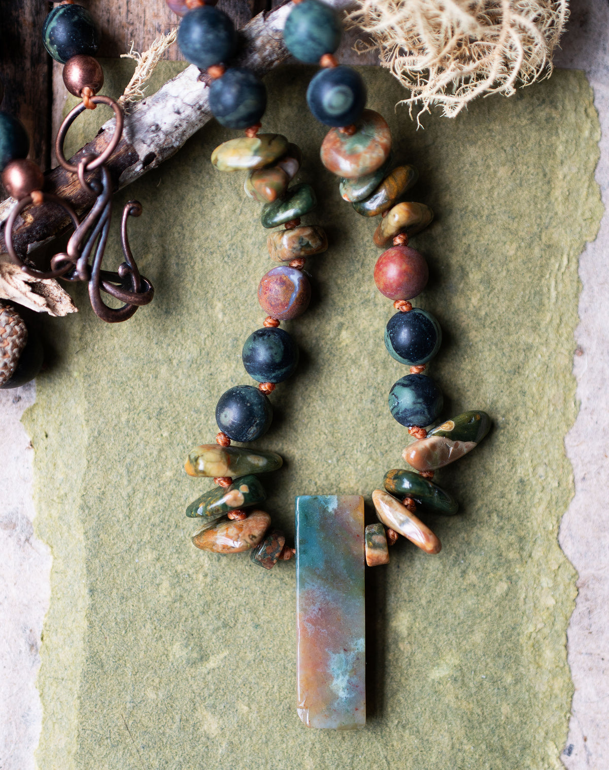 Rainforest Rhyolite Gemstone Green Rustic Autumn Necklace